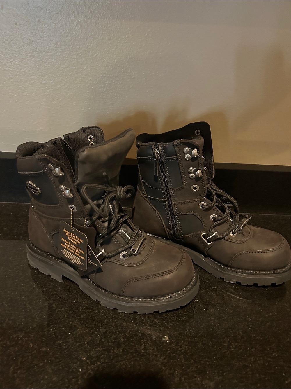 Harley-Davidson Women's Black Lace-Up Leather Moto Boots with Side Zip